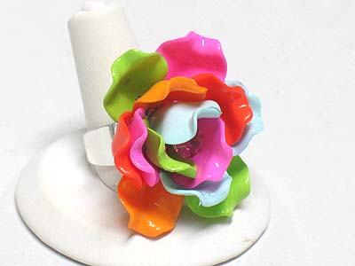 Crystal and enameled metal flower ring