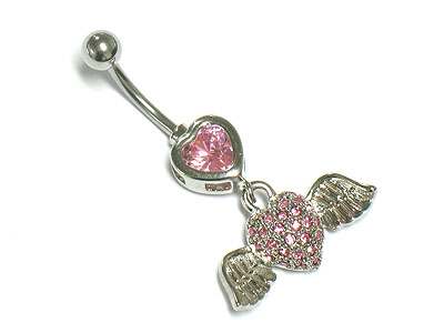 Made in korea whitegold plating crystal flying heart dangle belly charm - surgical steel post body jewelry 