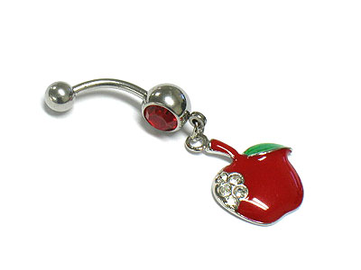 Made in korea whitegold plating crystal apple dangle belly charm - surgical steel post body jewelry