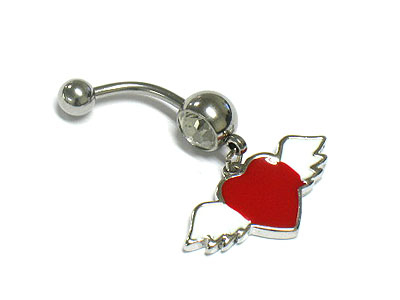 Made in korea whitegold plating enameled flying heart dangle belly charm - surgical steel post body jewelry