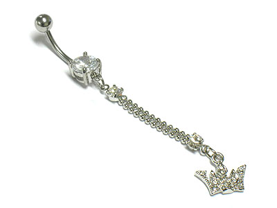 Made in korea whitegold plating crystal crown dangle belly charm - surgical steel post body jewelry