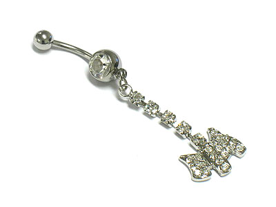 Made in korea whitegold plating crystal dog dangle belly charm - surgical steel post body jewelry