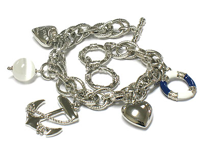 Nautical theme charm double chain toggle bracelet