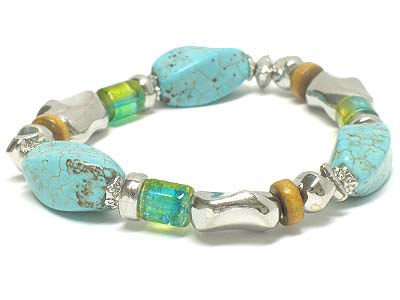 Turquoise stone and glass and metal deco stretch bracelet