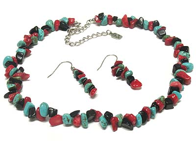 Multi semi precious small stone linked necklace and earring set 