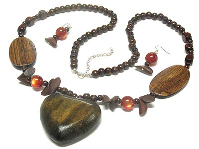 Large wood heart pendant and glass bead and wood bead necklace and earring set 