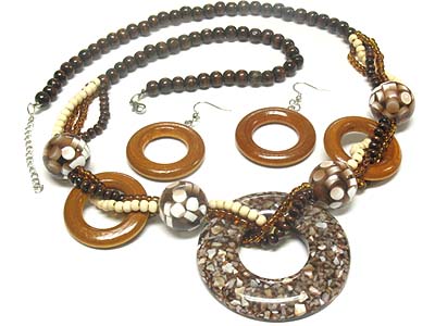 Shell mosaic donut and ball with triple wooden strands necklace and earring set