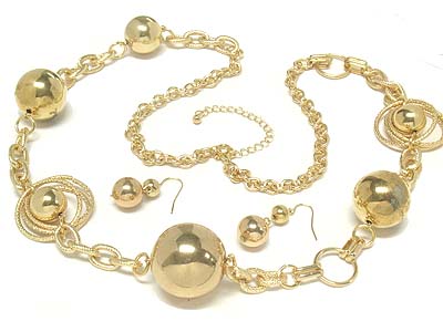 Solid metal balls long necklace and earring set