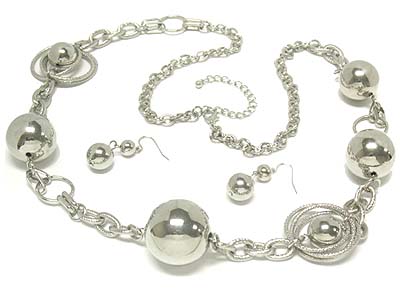 Solid metal balls long necklace and earring set