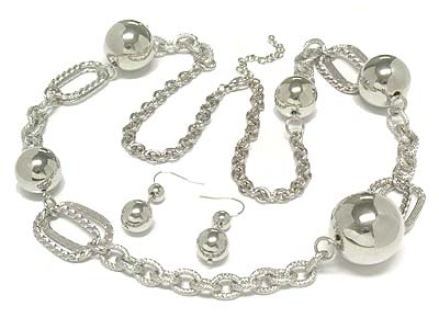 Solid metal balls long necklace and earring set