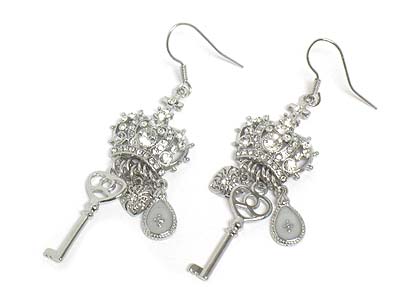 Crystal crown and key heart tear shape dangles earring