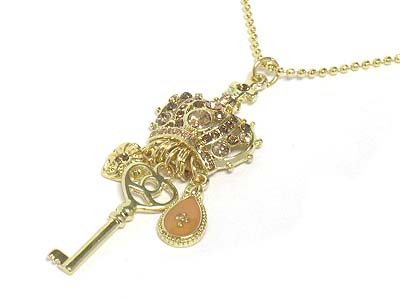 Crystal crown and key heart tear shape dangles pendant necklace