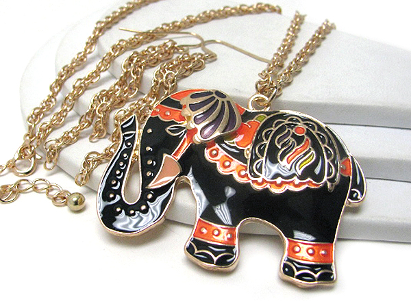 Large painted elephant long necklace earring set