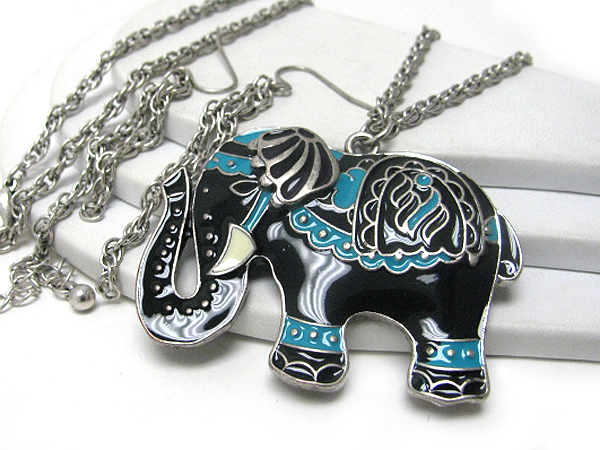 Large painted elephant long necklace earring set