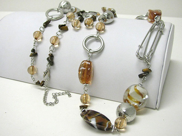 Murano glass candy bead and natural chip stone long chain necklace earring set