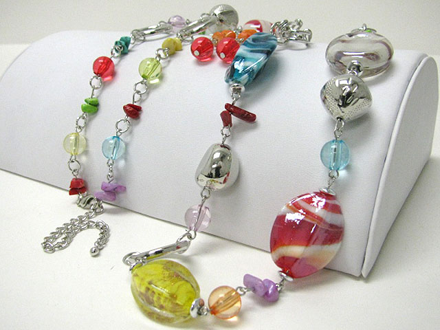 Murano glass candy bead and natural chip stone long chain necklace earring set