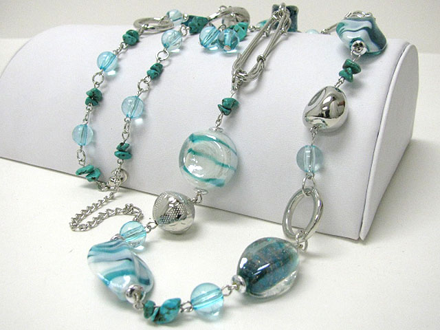 Murano glass candy bead and natural chip stone long chain necklace earring set