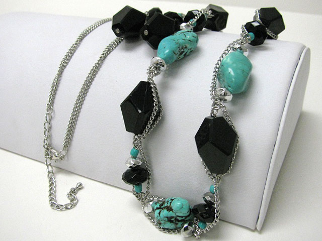 Turquoise stone and facet acryl stone link long necklace earring set