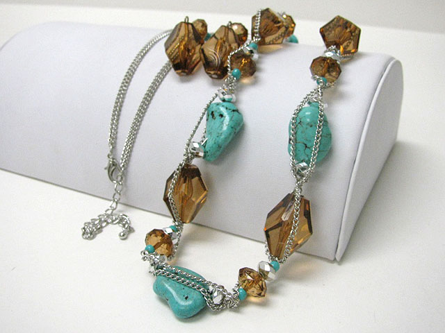 Turquoise stone and facet acryl stone link long necklace earring set