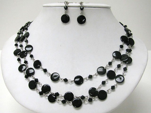 Triple row small shell disk link necklace earring set