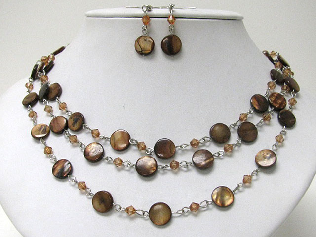 Triple row small shell disk link necklace earring set