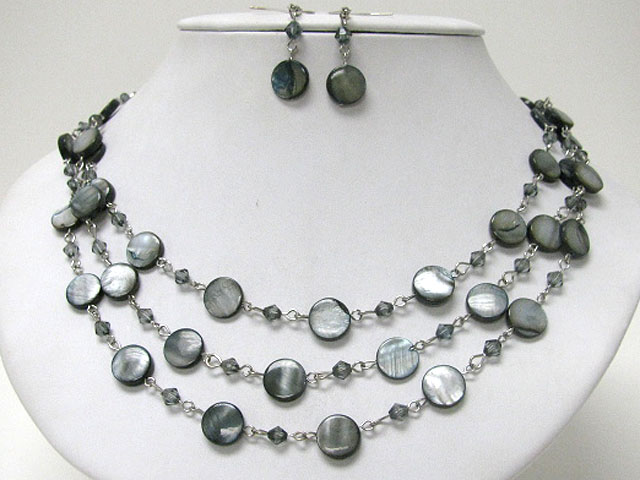 Triple row small shell disk link necklace earring set