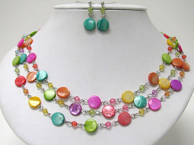 Triple row small shell disk link necklace earring set