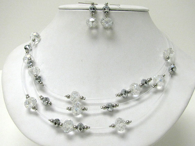 Triple row facet glass beads link illusion necklace earring set