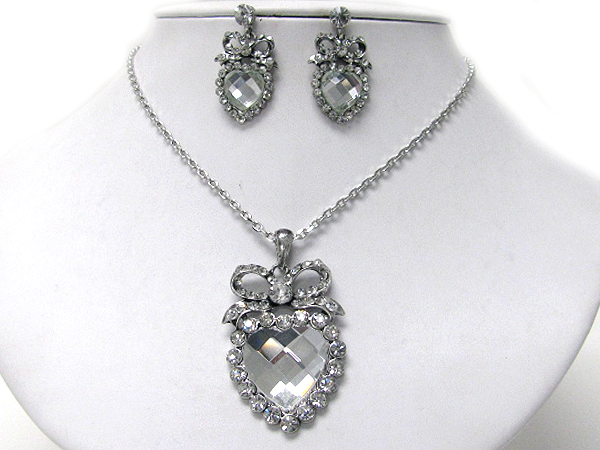 Crystal ribbon and glass heart necklace earring set