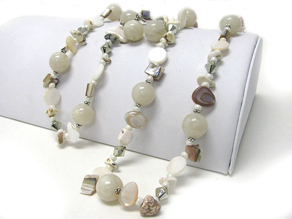 Natural shell and chip stone long necklace earring set