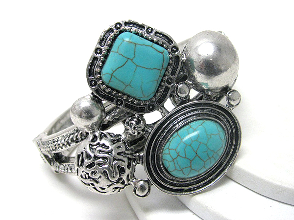 Turquoise and metal art bangle bracelet