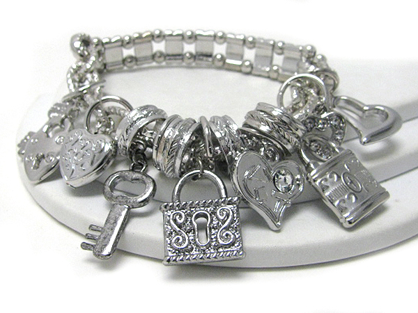 Metal key and lock charm stretch bracelet