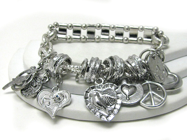 Metal heart and peace charm stretch bracelet