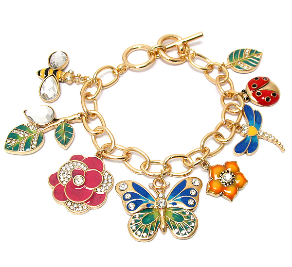 Garden theme multi crystal butterfly and flower charm bracelet