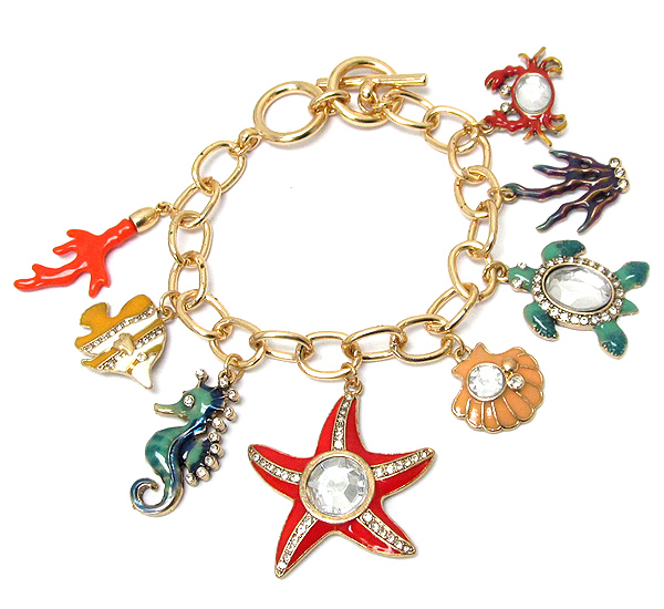 Sea life theme multi crystal starfish and sea horse charm bracelet