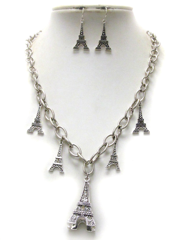 Crystal deco multi eiffel tower necklace earring set