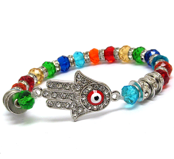 Crystal hamsa and multi glass bead and rondelle stretch bracelet