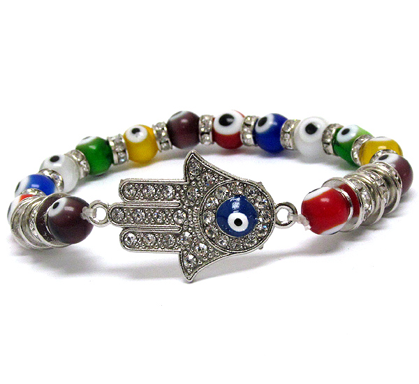 Crystal hamsa and multi glass evil eye bead and rondelle stretch bracelet