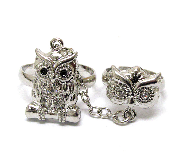 Crystal owl chain link double ring