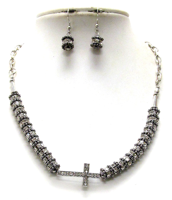 Crystal cross pendant and glass rondelle bead necklace earring set