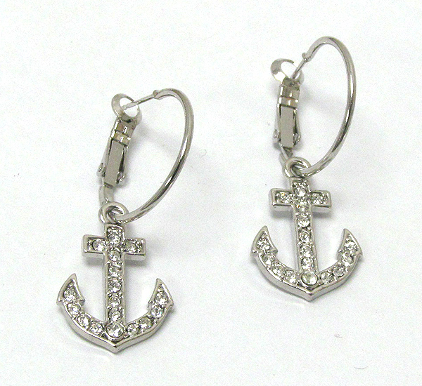 Made in korea whitegold plating and crystal deco anchor earring