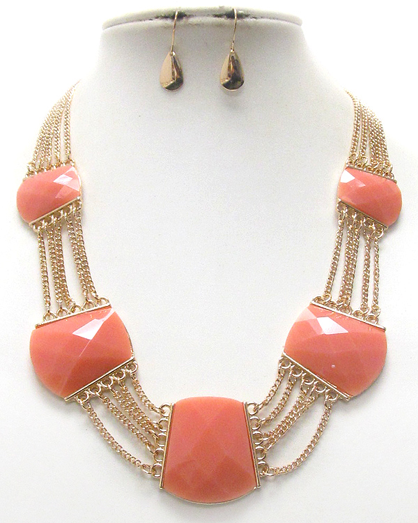 Multi facet acrylic stone and chain link necklace earring set