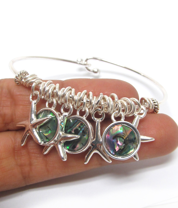 Abalone and starfish charm wire bangle bracelet