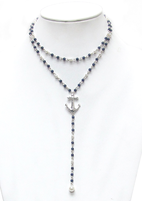 Pearl link chain and anchor y shape long necklace