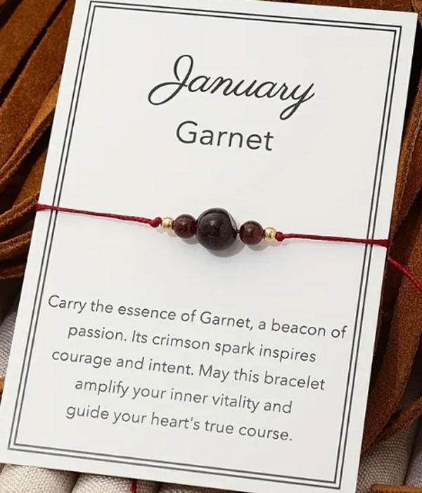 Natural birthstone woven bracelet with adjustable wish card -jan
