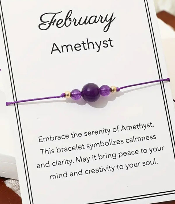 Natural birthstone woven bracelet with adjustable wish card -feb