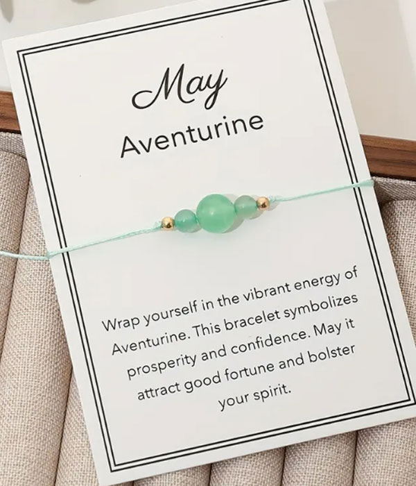 Natural birthstone woven bracelet with adjustable wish card -may