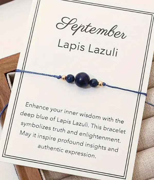 Natural birthstone woven bracelet with adjustable wish card -sep