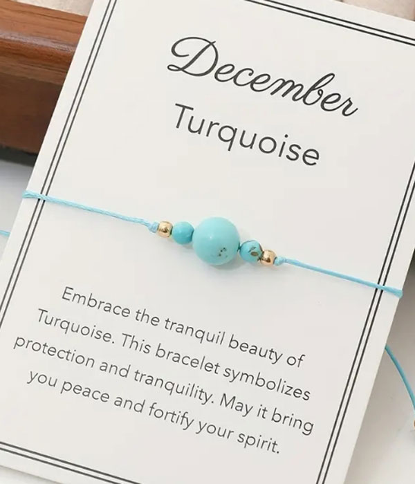 Natural birthstone woven bracelet with adjustable wish card -dec