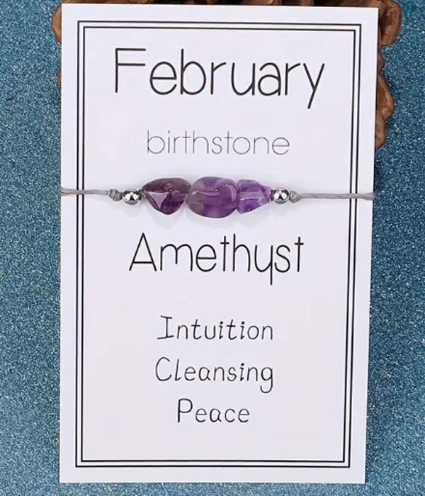 Natural birthstone woven bracelet with adjustable wish card -feb